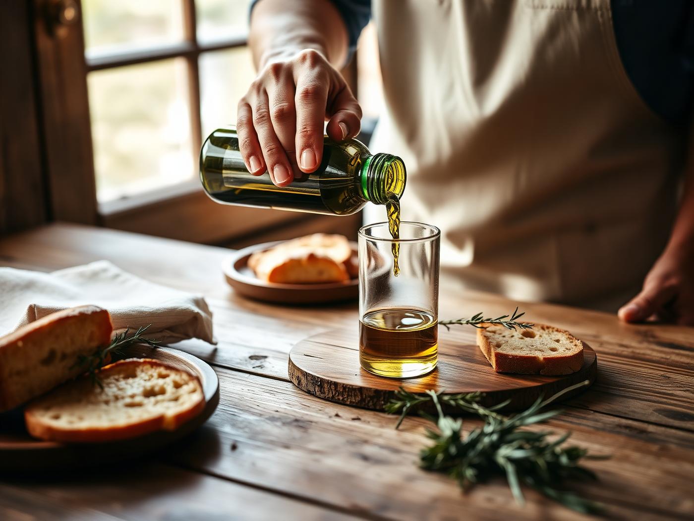 Greek olive oil poured at a rustic table