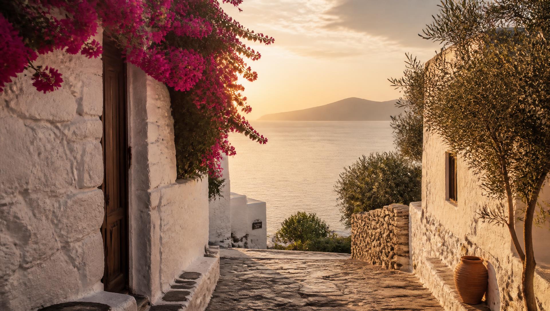 Stone lane in a Greek village above the Mediterranean at golden hour