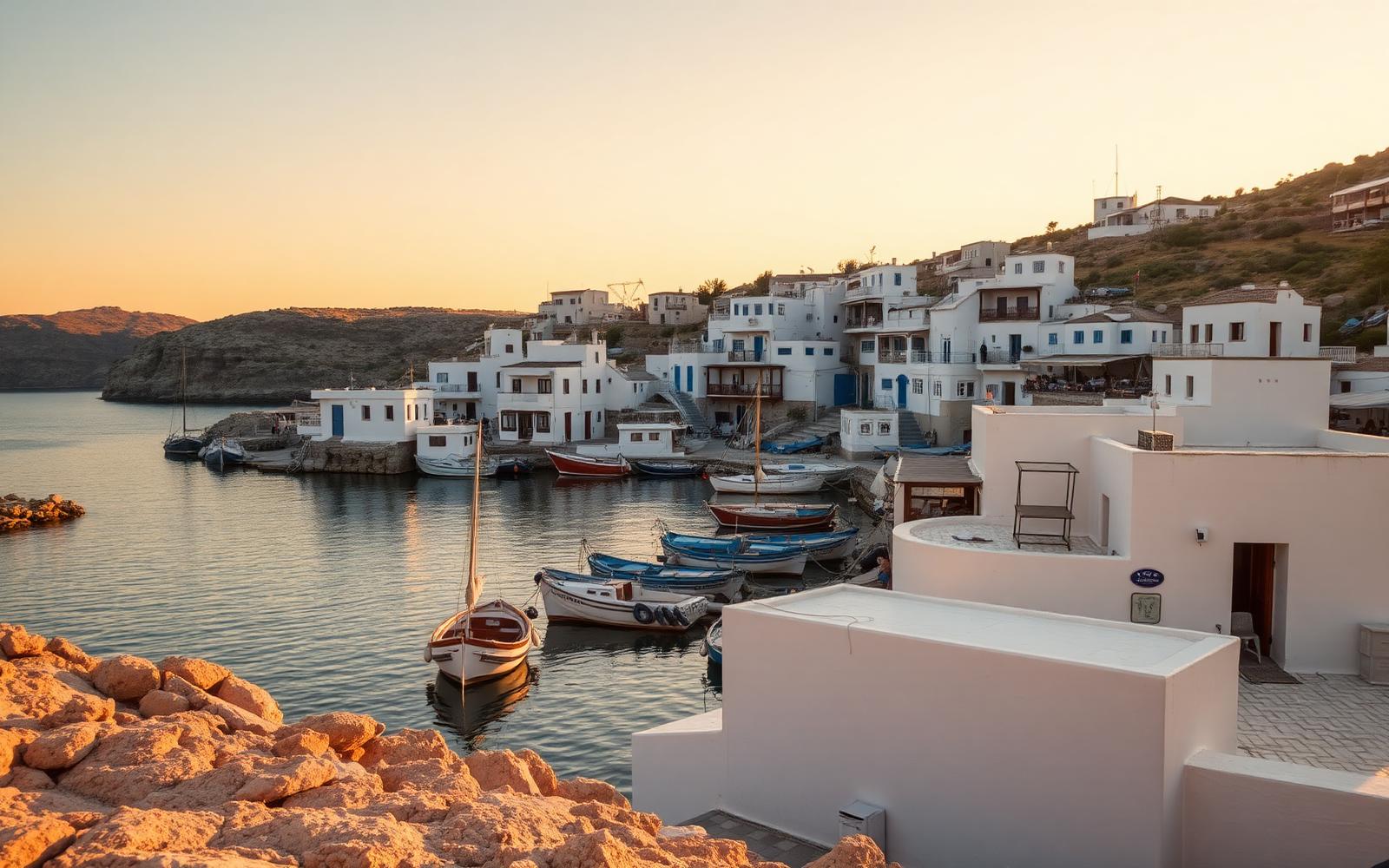 Small whitewashed Greek island harbour at golden hour with wooden fishing boats moored in calm water